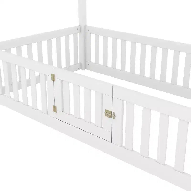 Bodenhausbett für Kinder, Montessori-Holzbett mit Zaun & Tür, komplettes Hausbett mit Dach für Mädchen & Jungen