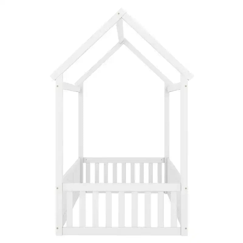 Bodenhausbett für Kinder, Montessori-Holzbett mit Zaun & Tür, komplettes Hausbett mit Dach für Mädchen & Jungen