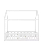 Bodenhausbett für Kinder, Montessori-Holzbett mit Zaun & Tür, komplettes Hausbett mit Dach für Mädchen & Jungen
