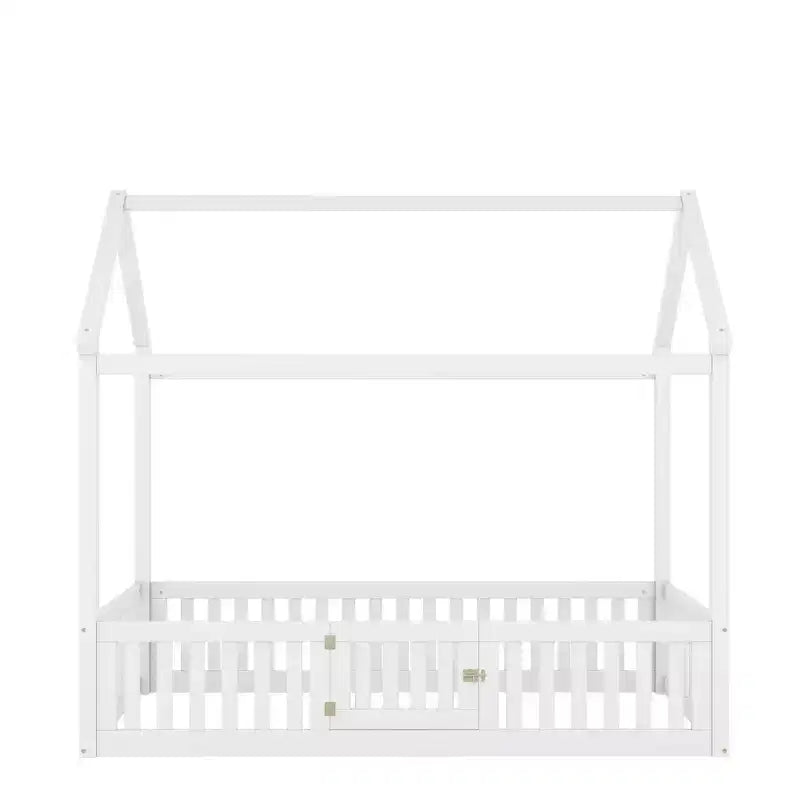 Bodenhausbett für Kinder, Montessori-Holzbett mit Zaun & Tür, komplettes Hausbett mit Dach für Mädchen & Jungen