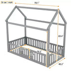 Bodenhausbett für Kinder, Montessori-Holzbett mit Zaun & Tür, komplettes Hausbett mit Dach für Mädchen & Jungen