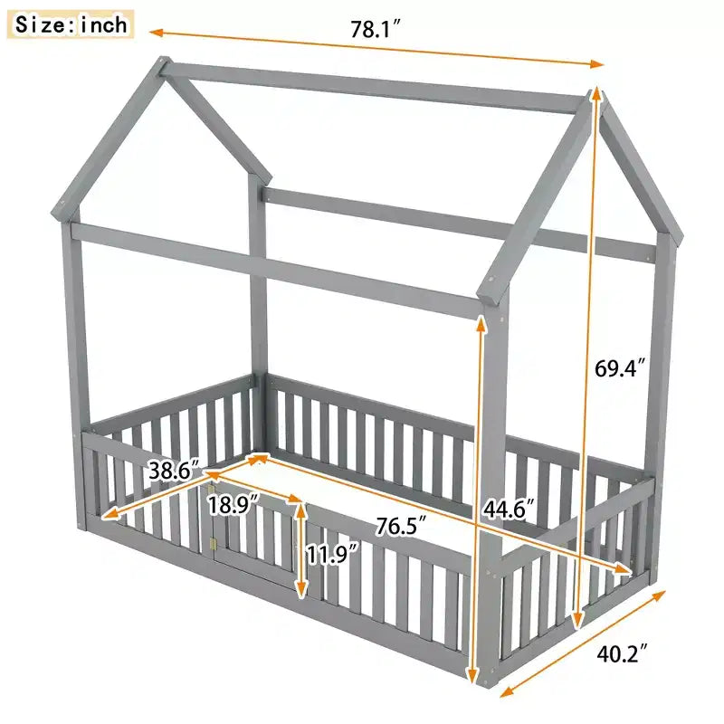 Floor House Bed for Kids, Wood Montessori Bed with Fence & Door, Full House Bed with Roof for Girls & Boys