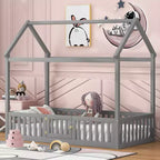 Bodenhausbett für Kinder, Montessori-Holzbett mit Zaun & Tür, komplettes Hausbett mit Dach für Mädchen & Jungen
