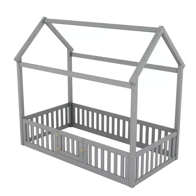 Bodenhausbett für Kinder, Montessori-Holzbett mit Zaun & Tür, komplettes Hausbett mit Dach für Mädchen & Jungen