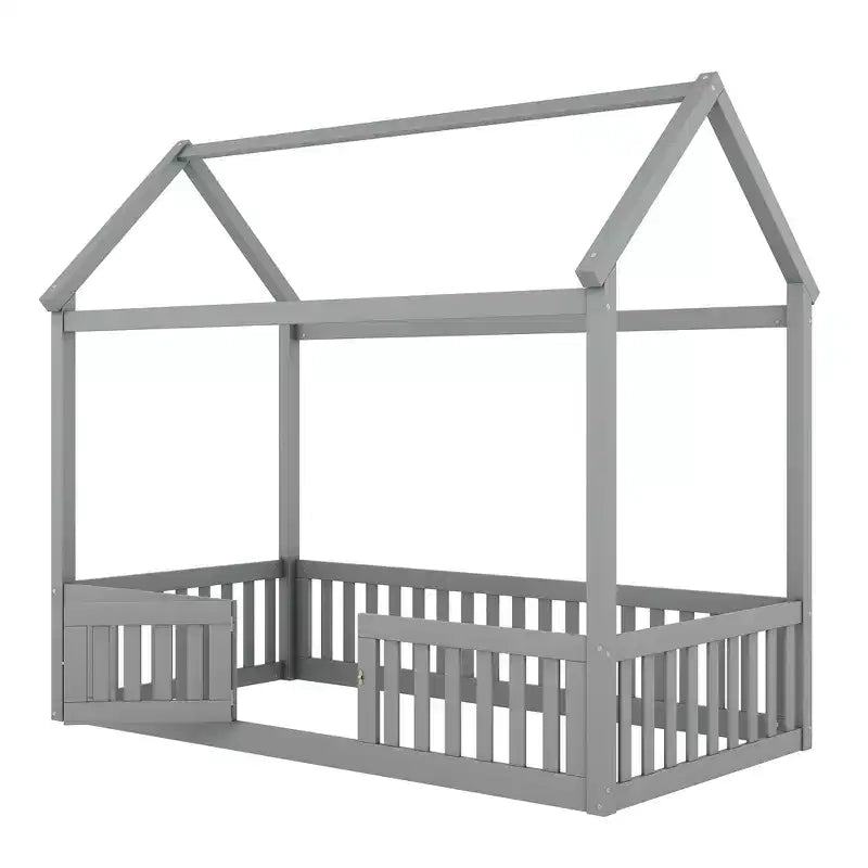 Bodenhausbett für Kinder, Montessori-Holzbett mit Zaun & Tür, komplettes Hausbett mit Dach für Mädchen & Jungen