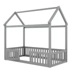 Bodenhausbett für Kinder, Montessori-Holzbett mit Zaun & Tür, komplettes Hausbett mit Dach für Mädchen & Jungen