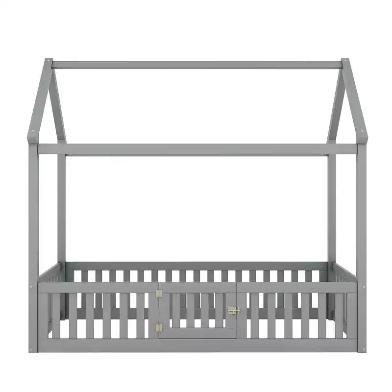 Bodenhausbett für Kinder, Montessori-Holzbett mit Zaun & Tür, komplettes Hausbett mit Dach für Mädchen & Jungen