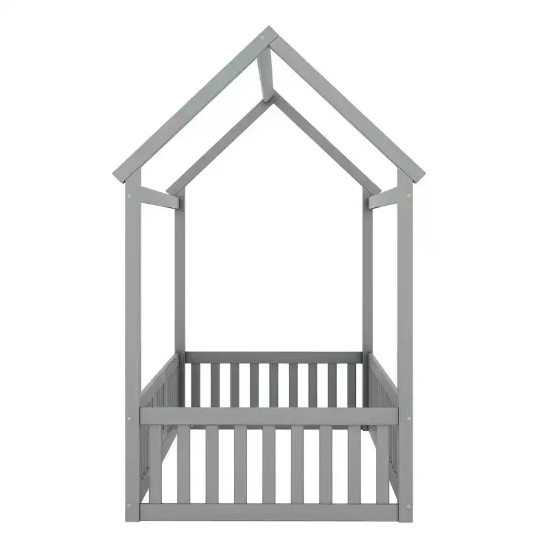 Bodenhausbett für Kinder, Montessori-Holzbett mit Zaun & Tür, komplettes Hausbett mit Dach für Mädchen & Jungen