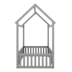 Bodenhausbett für Kinder, Montessori-Holzbett mit Zaun & Tür, komplettes Hausbett mit Dach für Mädchen & Jungen