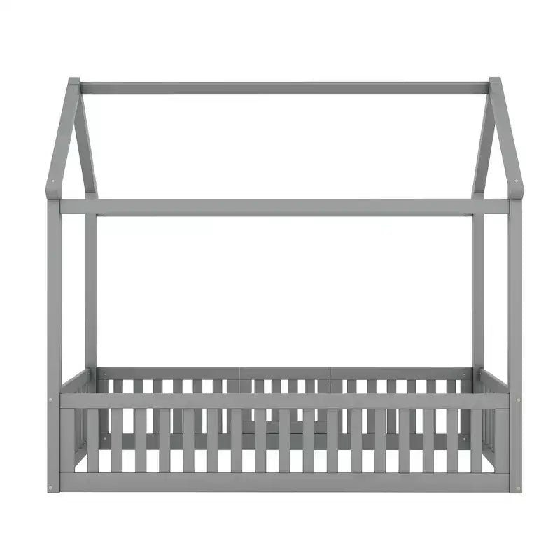 Bodenhausbett für Kinder, Montessori-Holzbett mit Zaun & Tür, komplettes Hausbett mit Dach für Mädchen & Jungen