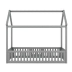 Bodenhausbett für Kinder, Montessori-Holzbett mit Zaun & Tür, komplettes Hausbett mit Dach für Mädchen & Jungen