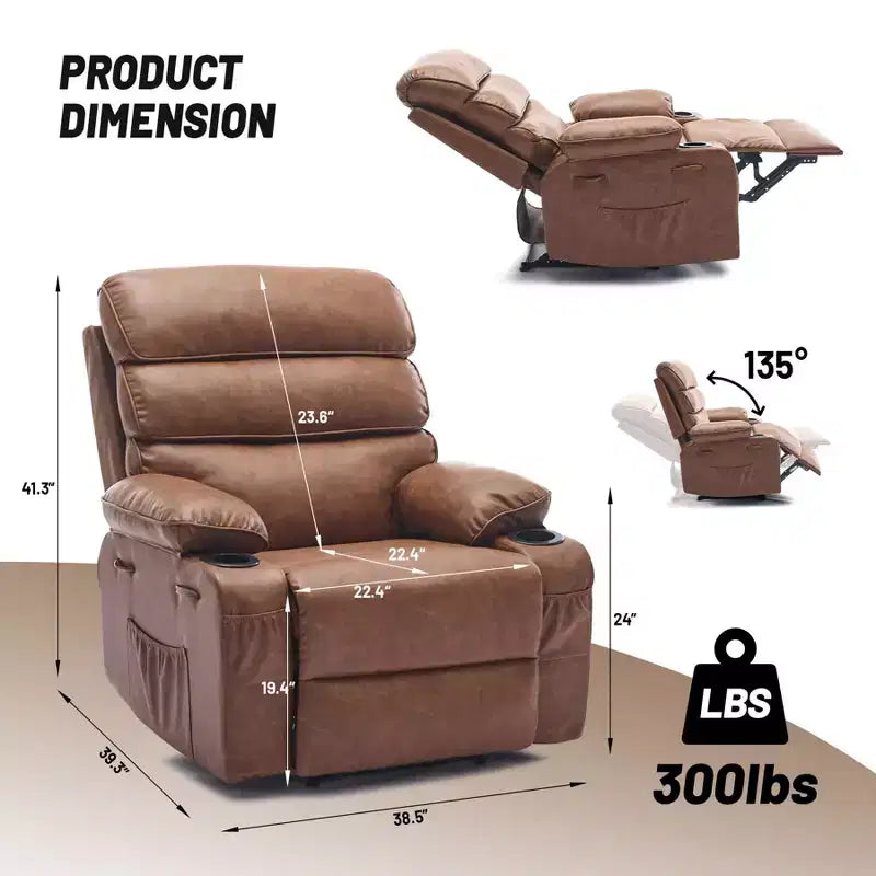PU Leather Extra Wide Manual Recliner for Adults with Massage and Heat, Large Lazy Chair with 1.5X Sponge Comfort Arm and Back for Living Room
