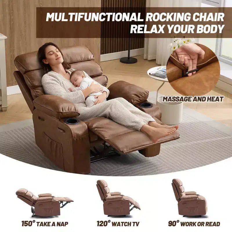 PU Leather Extra Wide Manual Recliner for Adults with Massage and Heat, Large Lazy Chair with 1.5X Sponge Comfort Arm and Back for Living Room