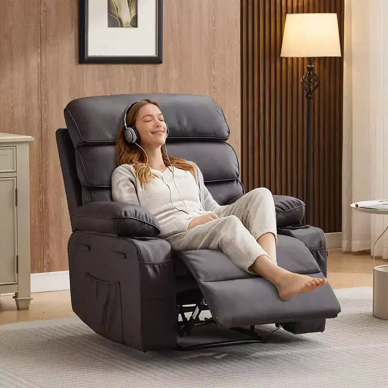 PU Leather Extra Wide Manual Recliner for Adults with Massage and Heat, Large Lazy Chair with 1.5X Sponge Comfort Arm and Back for Living Room