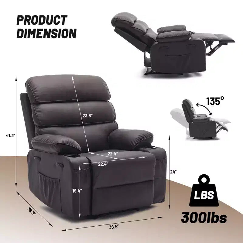 PU Leather Extra Wide Manual Recliner for Adults with Massage and Heat, Large Lazy Chair with 1.5X Sponge Comfort Arm and Back for Living Room