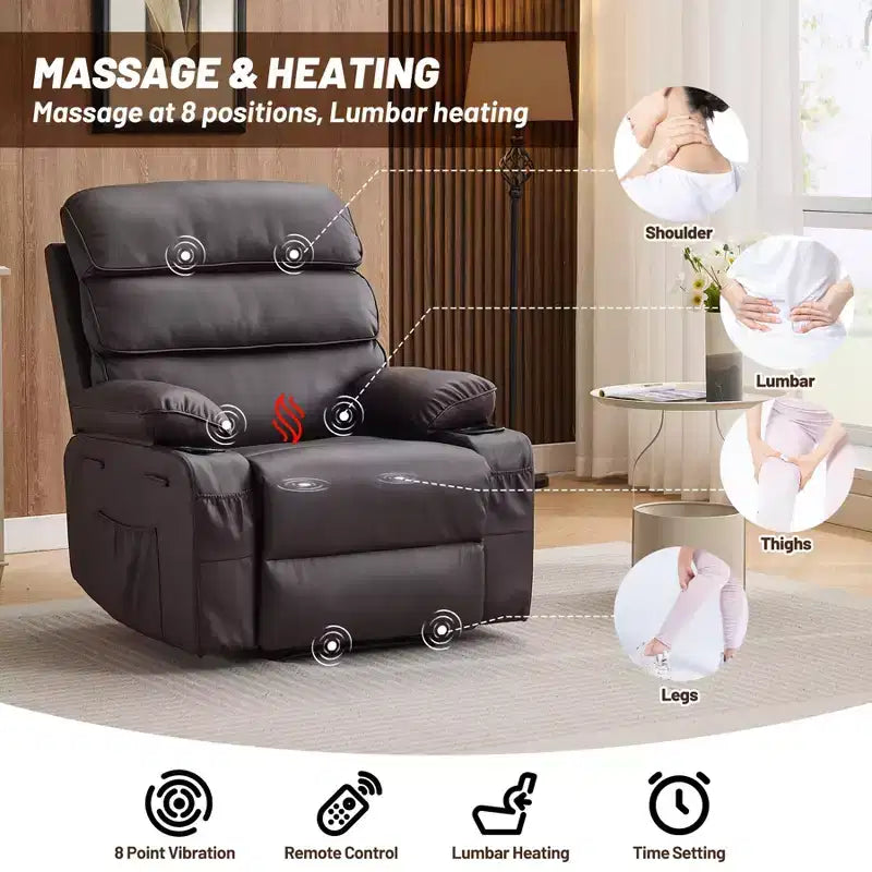 PU Leather Extra Wide Manual Recliner for Adults with Massage and Heat, Large Lazy Chair with 1.5X Sponge Comfort Arm and Back for Living Room