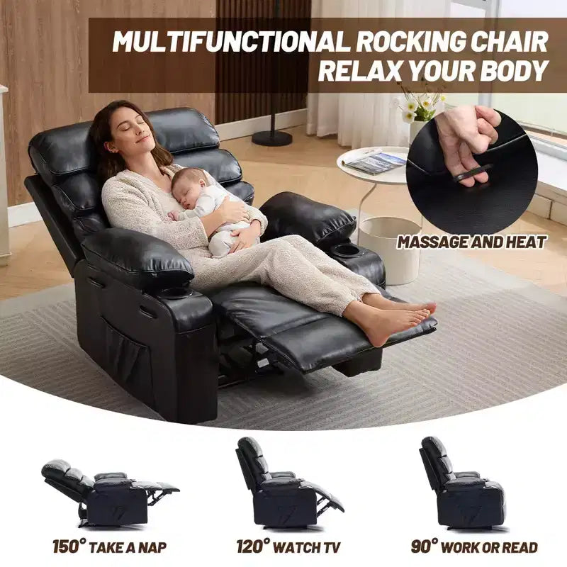 PU Leather Extra Wide Manual Recliner for Adults with Massage and Heat, Large Lazy Chair with 1.5X Sponge Comfort Arm and Back for Living Room
