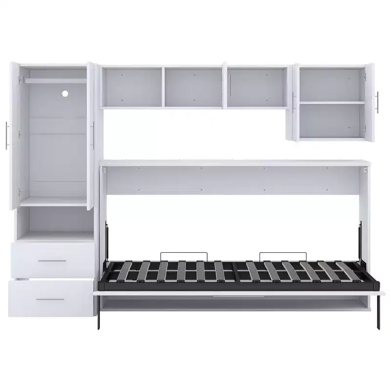 Twin Size Murphy Bed Wall Bed with Storage Shelves and Wardrobe, Folding Wall Chest Bed with Table for Bedroom Guest Room, White