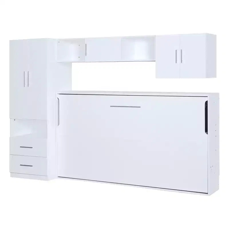 Twin Size Murphy Bed Wall Bed with Storage Shelves and Wardrobe, Folding Wall Chest Bed with Table for Bedroom Guest Room, White