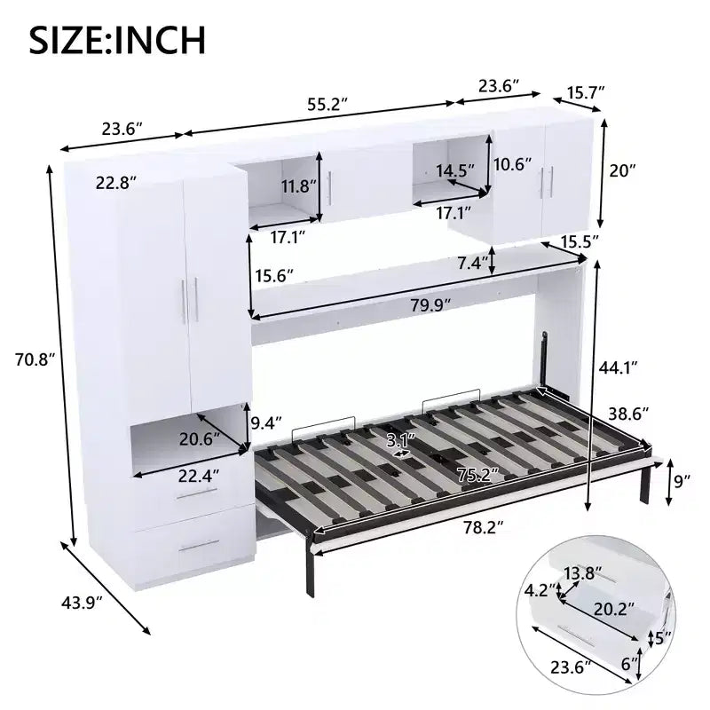 Twin Size Murphy Bed Wall Bed with Storage Shelves and Wardrobe, Folding Wall Chest Bed with Table for Bedroom Guest Room, White