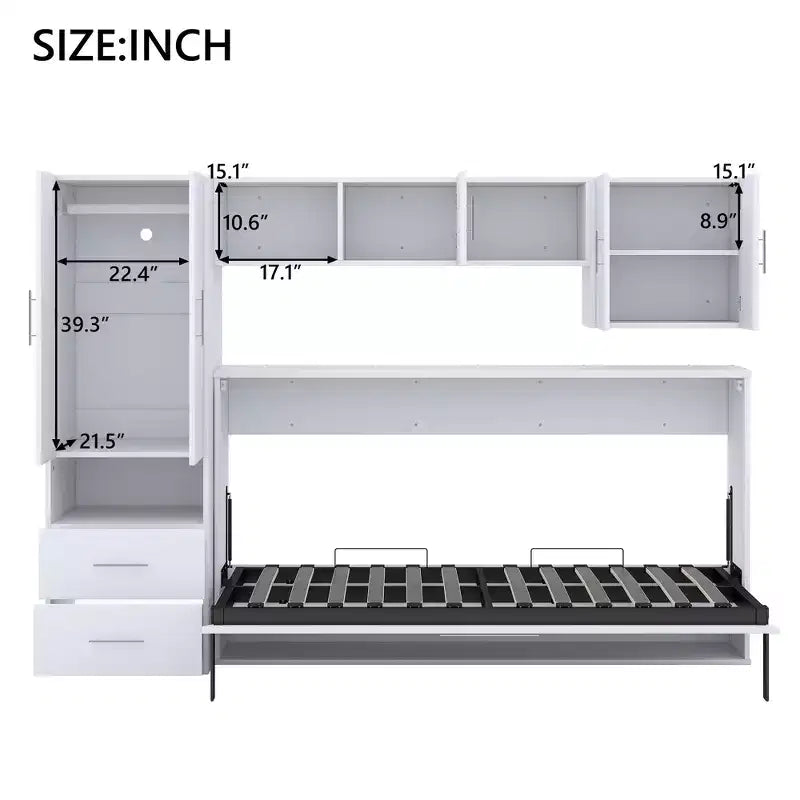 Twin Size Murphy Bed Wall Bed with Storage Shelves and Wardrobe, Folding Wall Chest Bed with Table for Bedroom Guest Room, White