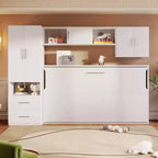 Twin Size Murphy Bed Wall Bed with Storage Shelves and Wardrobe, Folding Wall Chest Bed with Table for Bedroom Guest Room, White