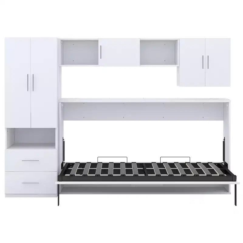 Twin Size Murphy Bed Wall Bed with Storage Shelves and Wardrobe, Folding Wall Chest Bed with Table for Bedroom Guest Room, White