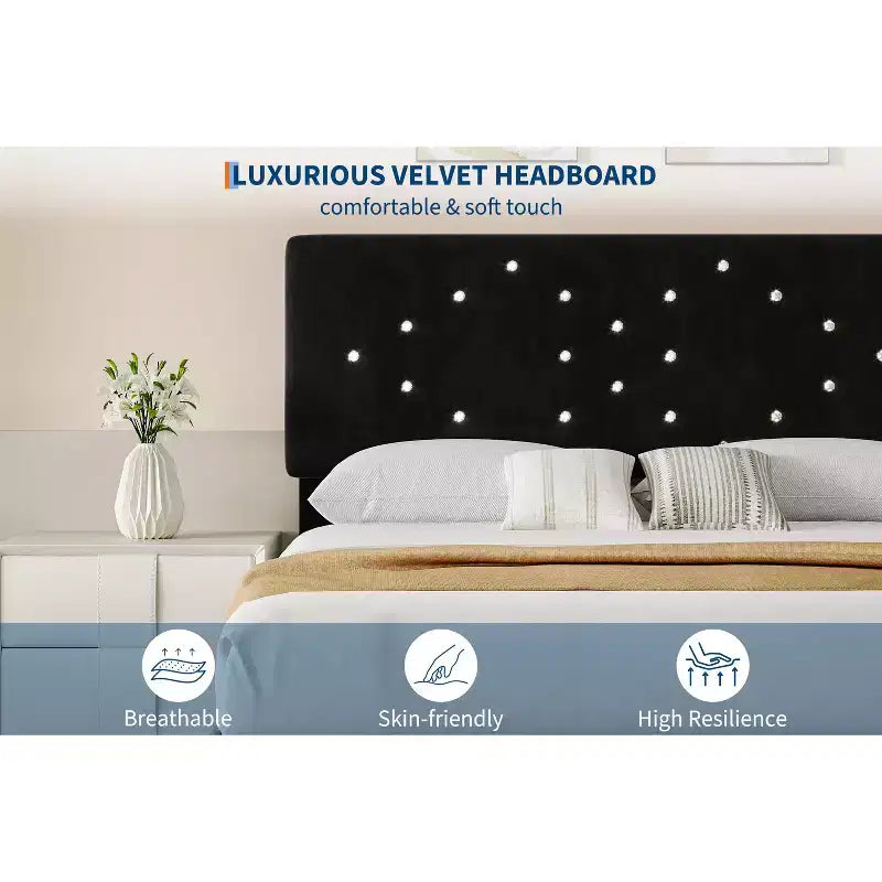Bed Frame, Solid Wood Slatted Platform Bed with Crystal Button Headboard and Underbed Storage, Quiet and Easy to Assemble