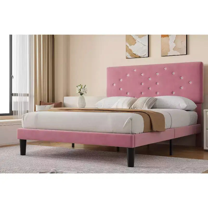 Bed Frame, Solid Wood Slatted Platform Bed with Crystal Button Headboard and Underbed Storage, Quiet and Easy to Assemble