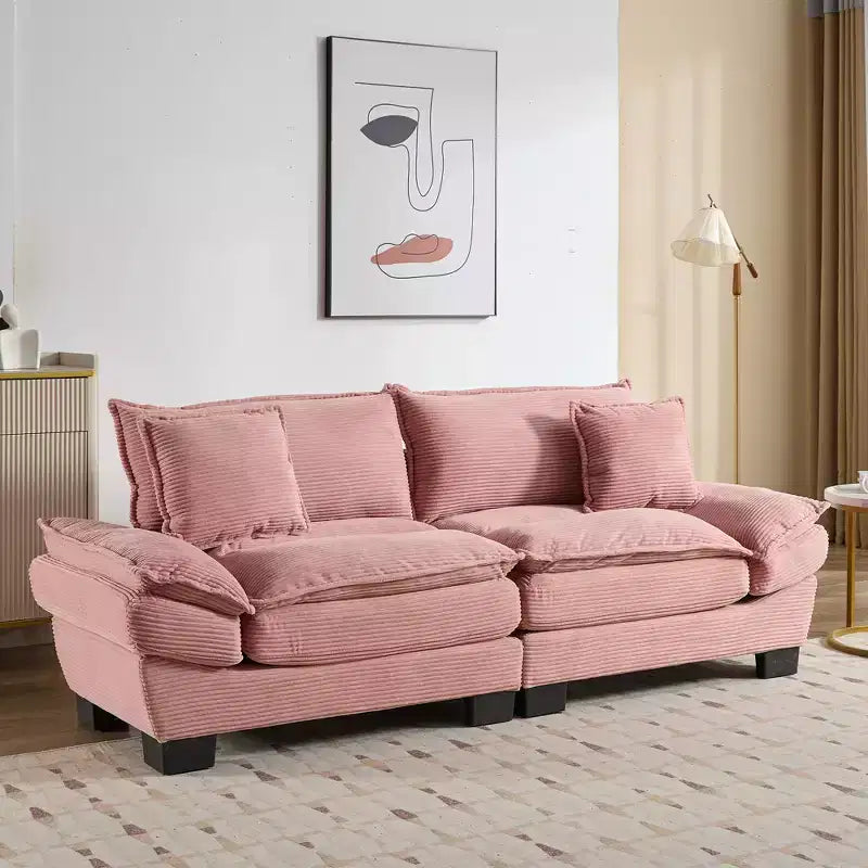 Cord-Loveseat-Sofa, tiefer Sitz mit Rückenkissen, gepolsterte 2-Sitzer Couch, Rosa  