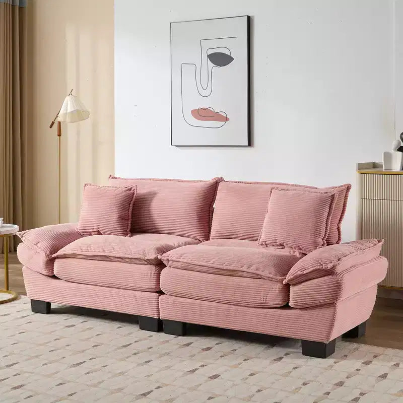 Cord-Loveseat-Sofa, tiefer Sitz mit Rückenkissen, gepolsterte 2-Sitzer Couch, Rosa  