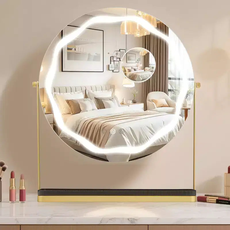 19 LED Schminkspiegel mit 3-farbiger dimmbarer Beleuchtung, Smart-Touch-Steuerung, 360° drehbar, verstellbarer Ständer und Stauraum für Schminktisch  