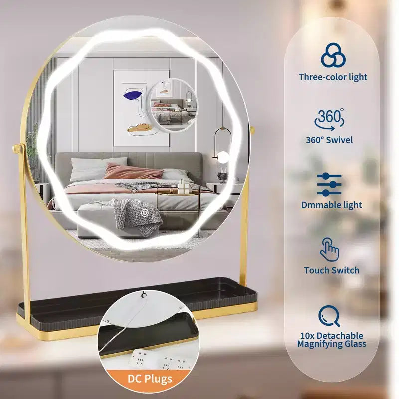 19 LED Schminkspiegel mit 3-farbiger dimmbarer Beleuchtung, Smart-Touch-Steuerung, 360° drehbar, verstellbarer Ständer und Stauraum für Schminktisch  