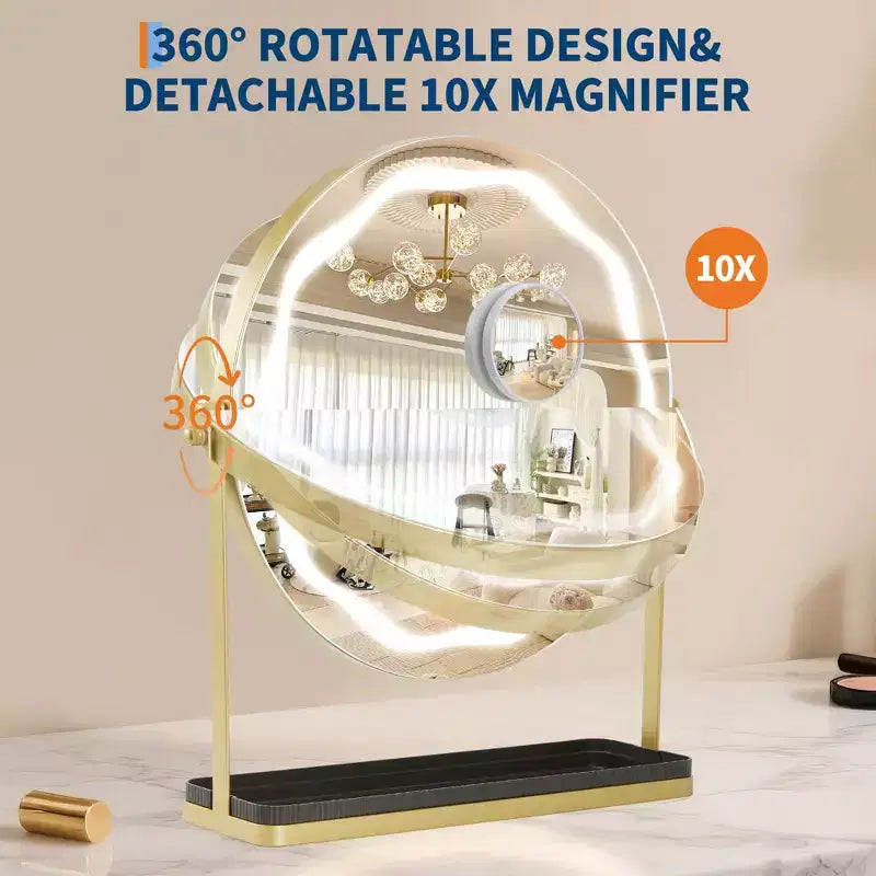 19 LED Schminkspiegel mit 3-farbiger dimmbarer Beleuchtung, Smart-Touch-Steuerung, 360° drehbar, verstellbarer Ständer und Stauraum für Schminktisch  