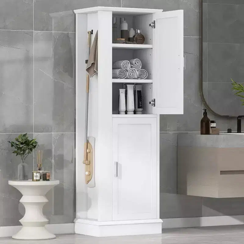 Hoher Badezimmer-Bodenschrank, freistehender Aufbewahrungsschrank mit Haken und verstellbarem Regal, MDF-Platte, Weiß  