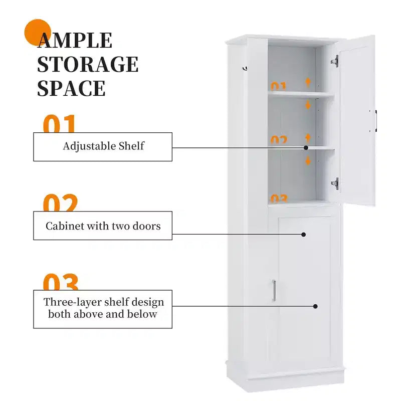 Hoher Badezimmer-Bodenschrank, freistehender Aufbewahrungsschrank mit Haken und verstellbarem Regal, MDF-Platte, Weiß  