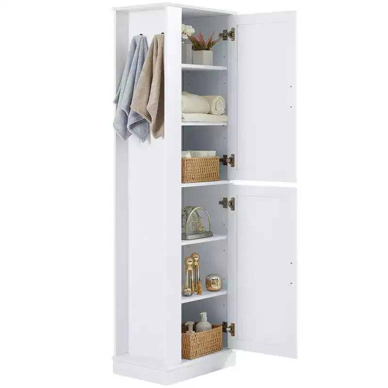 Hoher Badezimmer-Bodenschrank, freistehender Aufbewahrungsschrank mit Haken und verstellbarem Regal, MDF-Platte, Weiß  