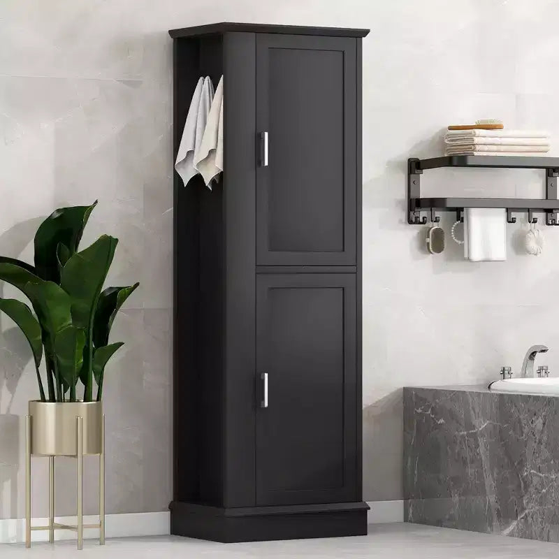 Hoher Badezimmer-Bodenschrank, freistehender Aufbewahrungsschrank mit Haken und verstellbarem Regal, MDF-Platte, Weiß  