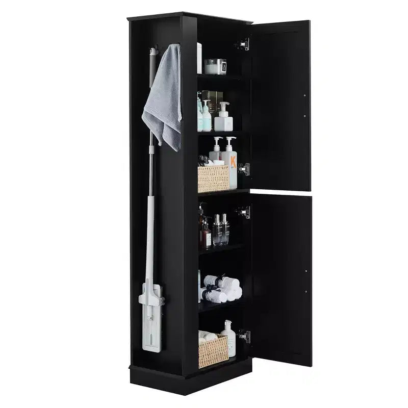 Hoher Badezimmer-Bodenschrank, freistehender Aufbewahrungsschrank mit Haken und verstellbarem Regal, MDF-Platte, Weiß  