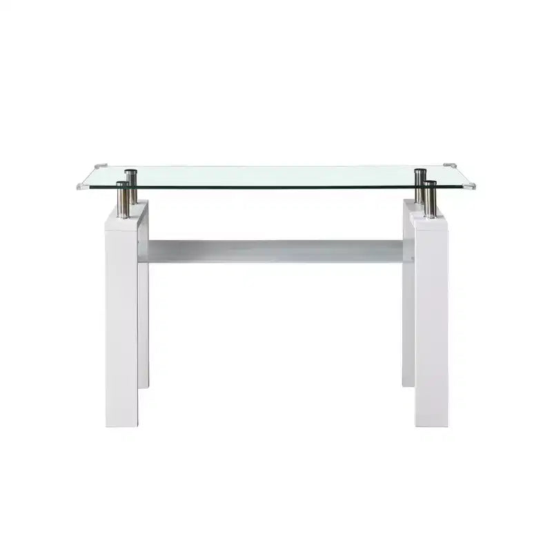 Modern Console Table with Tempered Glass Top & Storage Shelf, Entryway Accent Table, White