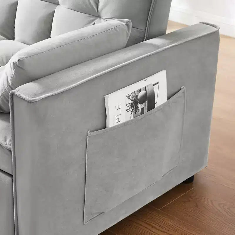 Modern Velvet Loveseat Futon Sofa with Toss Pillows & Side Pockets for Small Spaces, Gray