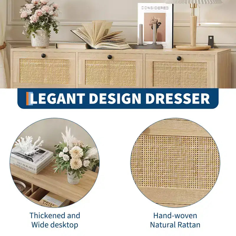 Rattan-Kommode fürs Schlafzimmer, moderne Bauernhaus-Kommoden & Schubladenschränke, Holz-Aufbewahrungsorganizer für Kleiderschrank, Wohnzimmer, Eingangsbereich, Flur  