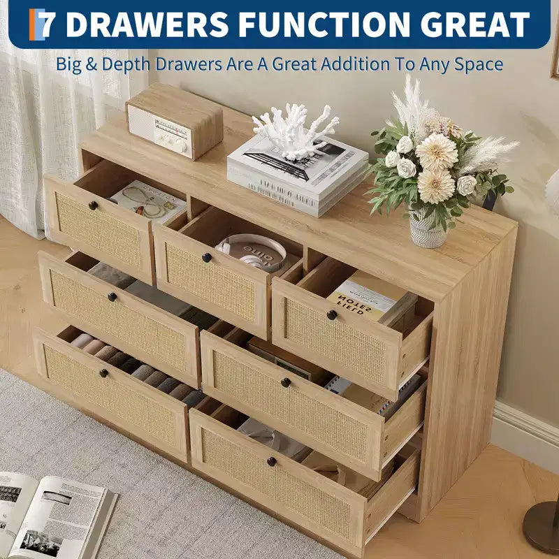 Rattan-Kommode fürs Schlafzimmer, moderne Bauernhaus-Kommoden & Schubladenschränke, Holz-Aufbewahrungsorganizer für Kleiderschrank, Wohnzimmer, Eingangsbereich, Flur  