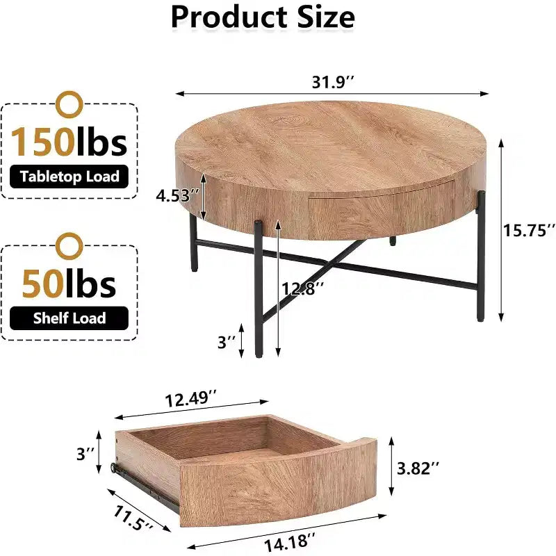 Mesa de centro redonda con cajones, mesa de centro con acento de madera, mesa circular estilo rústico para sala