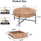 Mesa de centro redonda con cajones, mesa de centro con acento de madera, mesa circular estilo rústico para sala