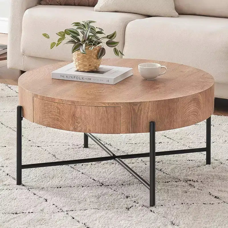 Mesa de centro redonda con cajones, mesa de centro con acento de madera, mesa circular estilo rústico para sala