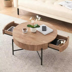 Mesa de centro redonda con cajones, mesa de centro con acento de madera, mesa circular estilo rústico para sala