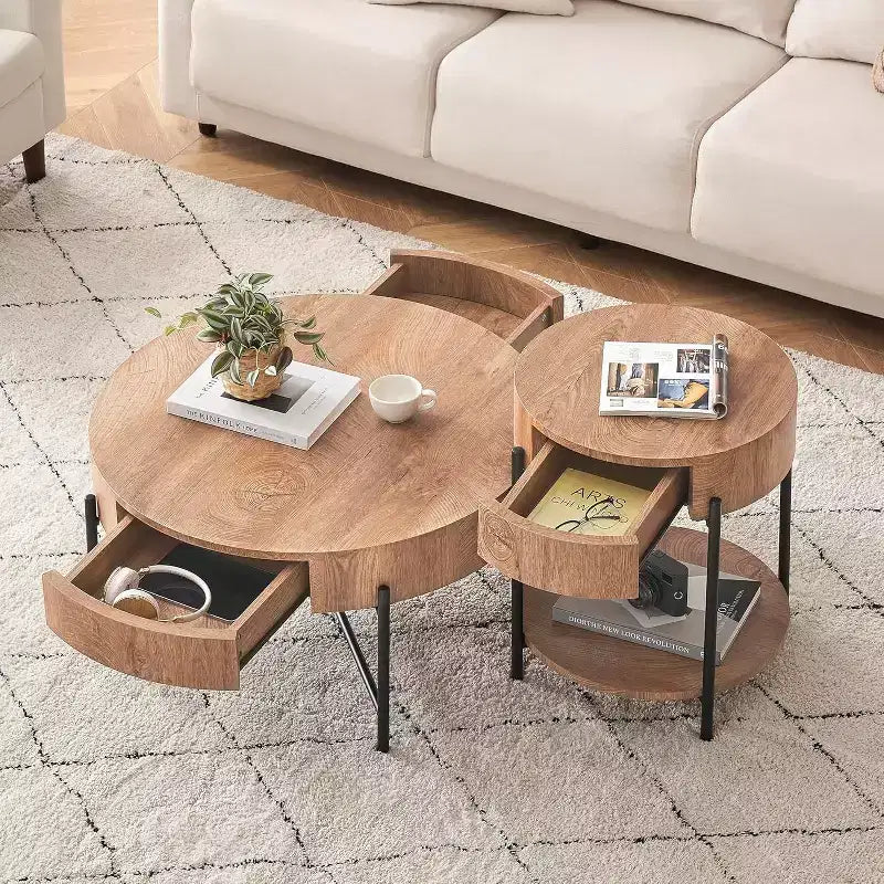 Mesa de centro redonda con cajones, mesa de centro con acento de madera, mesa circular estilo rústico para sala