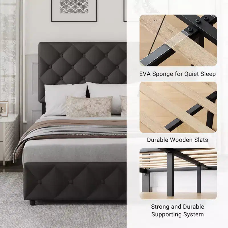 Upholstered Full Platform Bed Frame with 4 Storage Drawers Adjustable Headboard, PU Leather Platform Storage Bedframe
