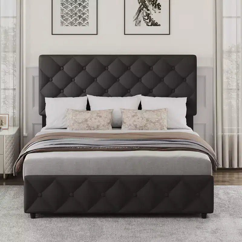 Upholstered Full Platform Bed Frame with 4 Storage Drawers Adjustable Headboard, PU Leather Platform Storage Bedframe